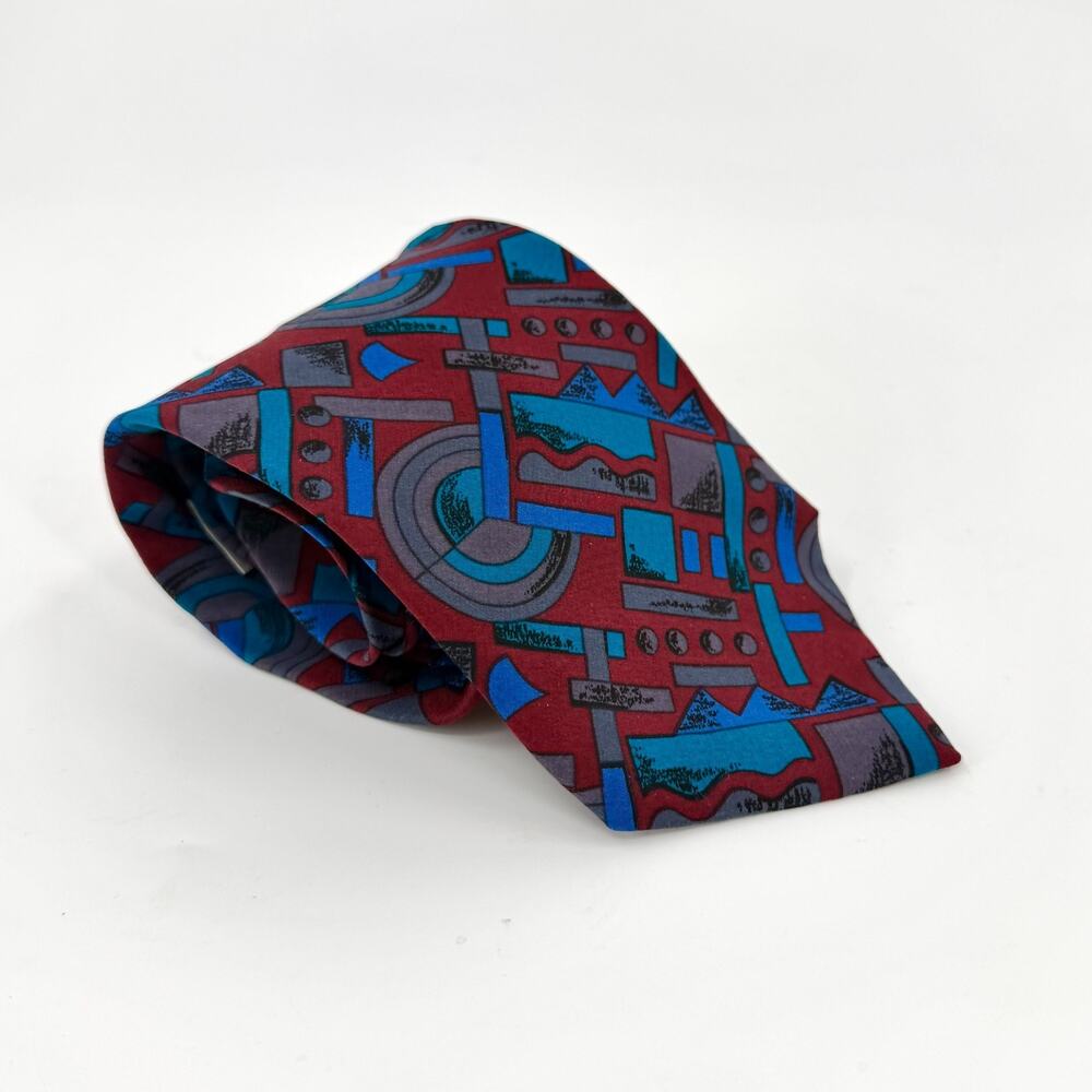 Vintage 90s Gianfranco Ruffini Red Teal 100% Silk Abstract Geometric Necktie
